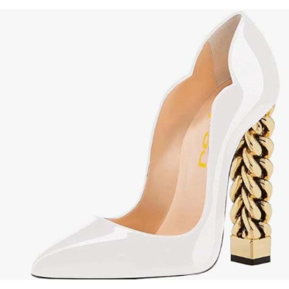 White Patent Leather Pump with Gold Chain-Link Heel
